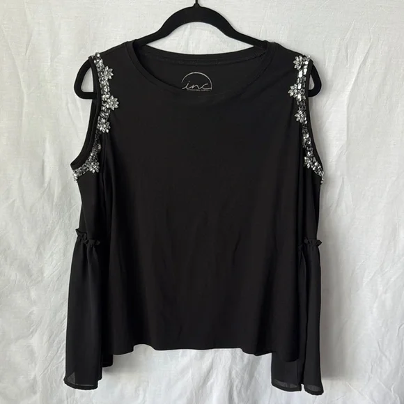 INC International Concepts Black Sleeveless Blouse with Floral Embellishments - Picture 1 of 5